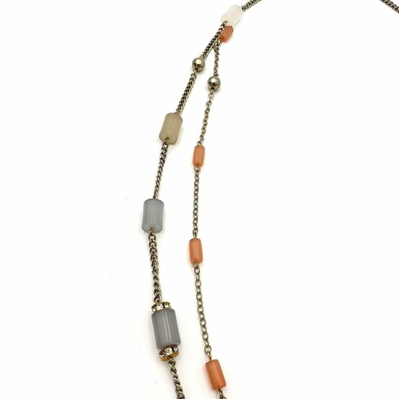 Gold Tone Satellite Cylinder Bead Necklace Blue Pink Green Gray Double Chain - Picture 10 of 12